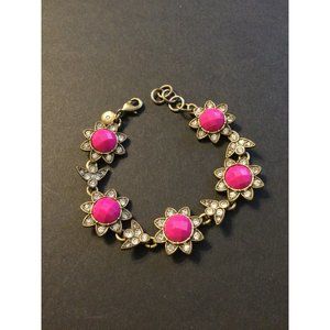 J. Crew Pink Stone & Crystal Flower Antiqued Gold Bracelet Lobster Claw Clasp